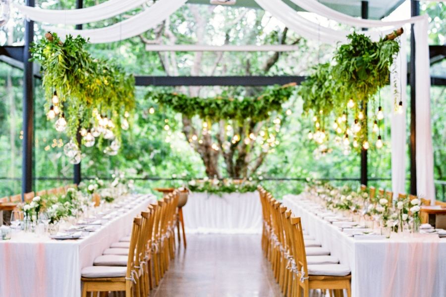 Lightbulbs with Greenery 6m at the Plumeria room, the Glass House Bali wedding venue
