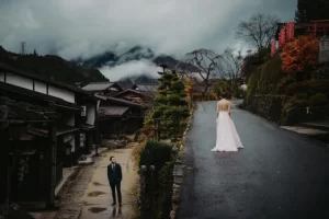 Couple having a photo session in Japan's scenery for their wedding in Japan with Tirtha