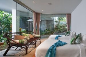 the guest bedroom at glass house, one of tirtha bali's exclusive bali wedding venues