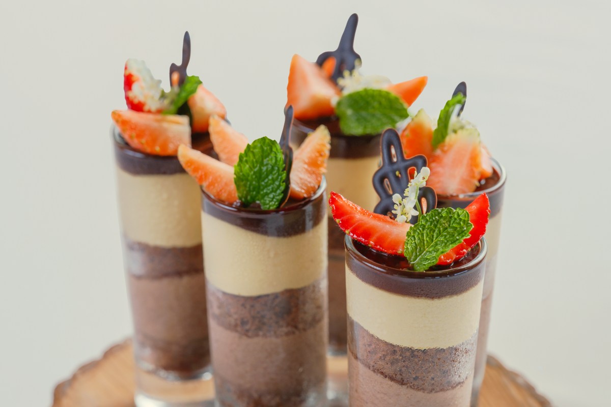Delight in our Caramel Chocolate dessert, a velvety chocolate and caramel mousse,