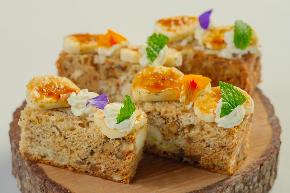 Banana Bread with Caramelized Banana & Whipped Cream