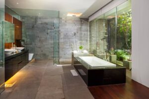Spacious and open bathroom, offering panoramic view of the lush Balinese garden