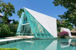 Side view of Tirtha Uluwatu's iconic wedding chapel