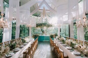 Beautiful wedding ceremony decoration at one of the most magical wedding venue in Bali, surrounded by the woods - the Glass House by Tirtha