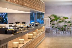 Open kitchen setup at Heaven Room with elegant decor and tropical accents.