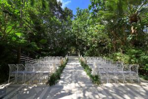 Sunlight illuminates the ceremony aisle beneath a canopy of green at Moonlight Garden.