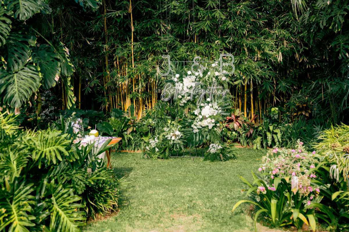 Lush garden altar setup at Tirtha Bali’s Yellow Bamboo Garden.