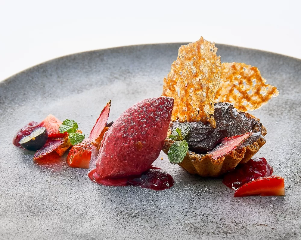 Vegan chocolate cake served with double berry ice cream, fresh berries, and mint garnish.
