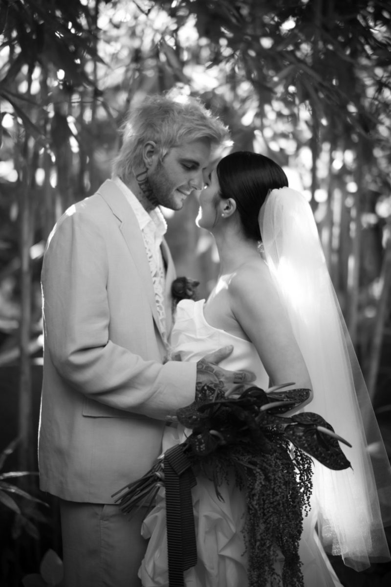 The wedding couple, Akari & Michaljon, in a quiet embrace at Tirtha.