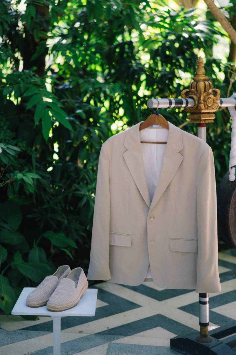 Michaljon’s groom attire and his woven slip-ons, ready for the day.