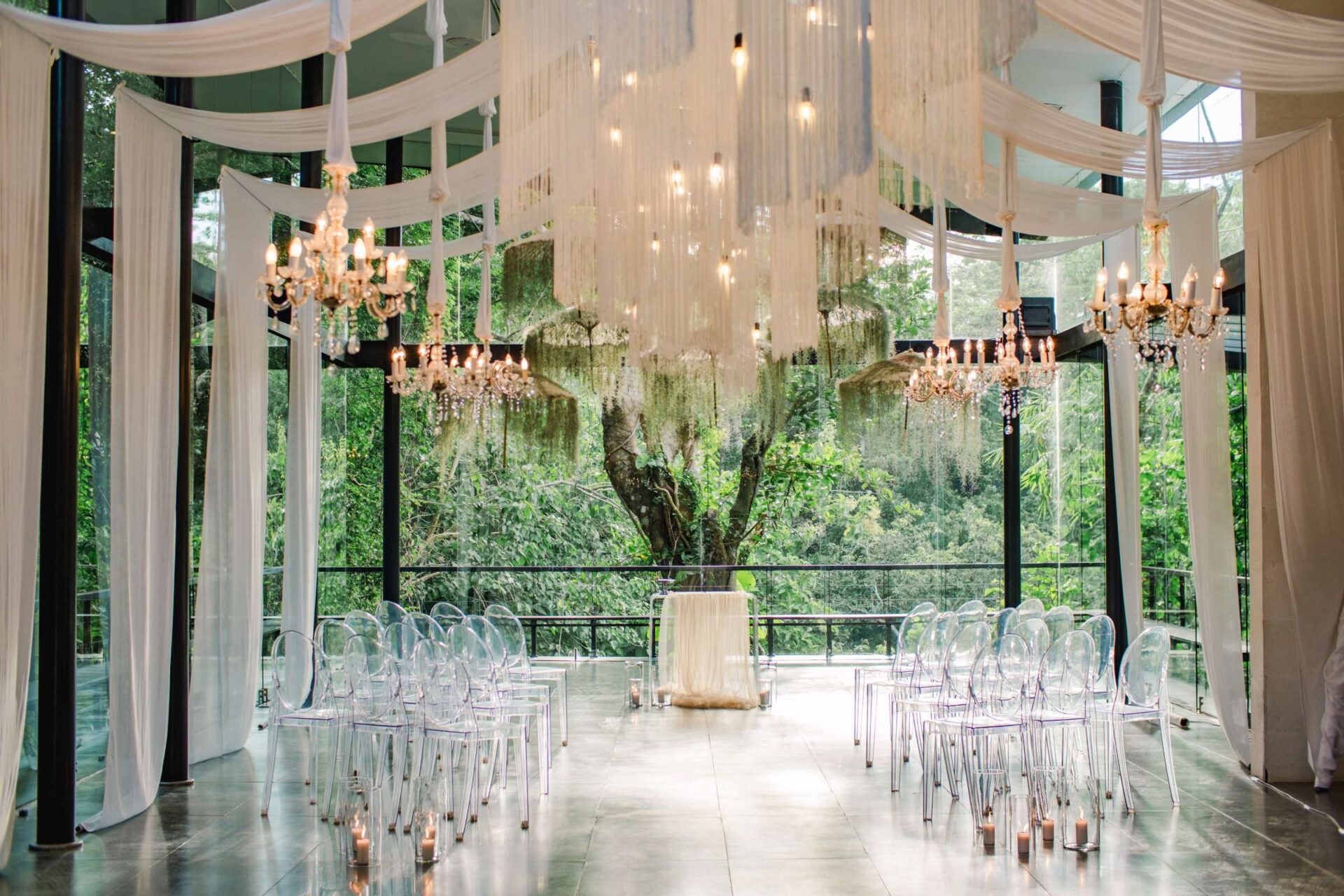 Elegant ceremony setup at Plumeria Room, a green house wedding venue by Tirtha Bali.