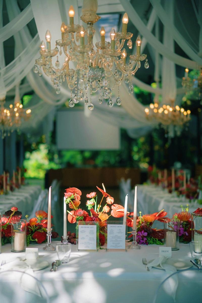 Reception setup in the Plumeria Room at Tirtha Bali, styled with chandeliers, draping, and vibrant florals.