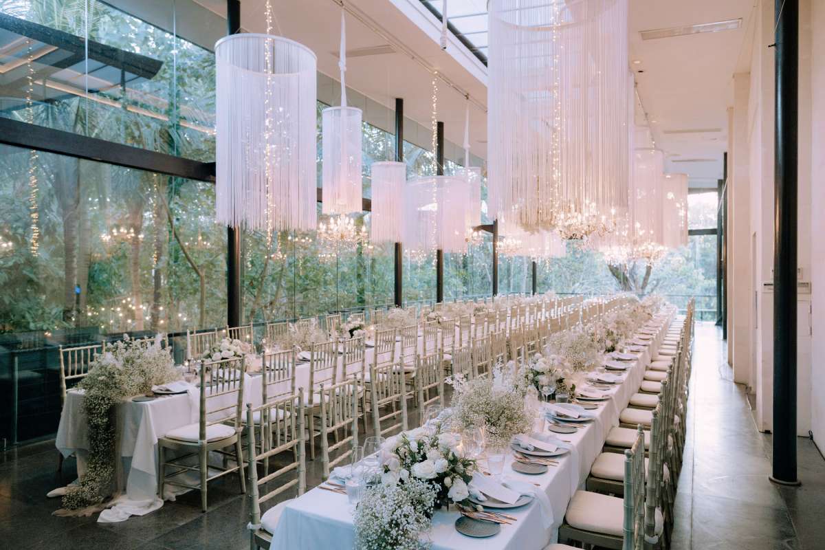 Refined reception design at Tirtha Bali's Plumeria Room.