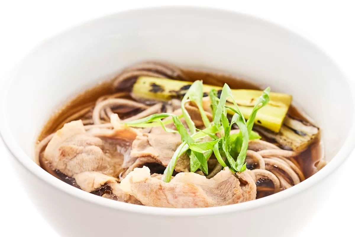 Japanese soba noodles in broth with sliced meat, green onions, and grilled vegetables.